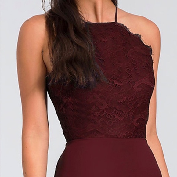 Hayley Paige Occasions - Chiffon Halter Lace Dress - Style 5715 - Flamingo - Picture 3 of 13